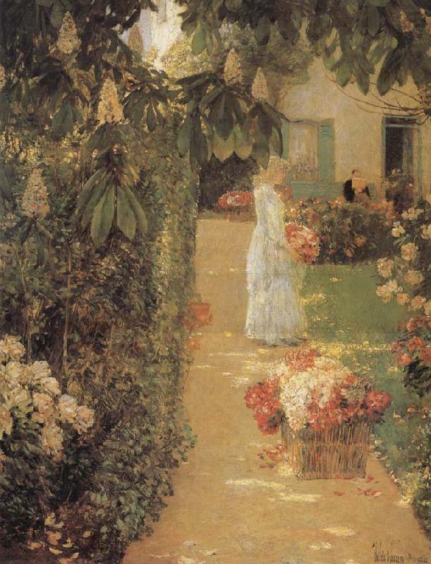 Childe Hassam Gathering Flowers in a French Garden china oil painting image